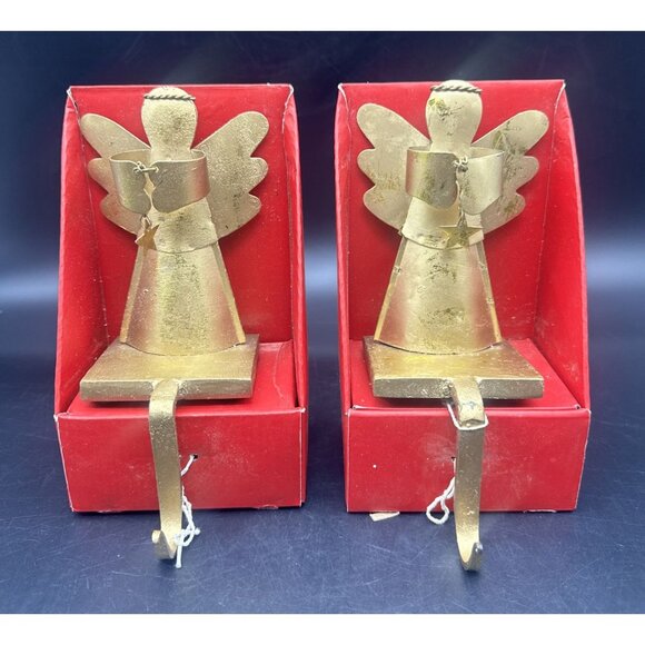 Pier One Gold Metal Angel w/ Star Christmas Stocking Holder Hanger Set Of 2 - Picture 1 of 8